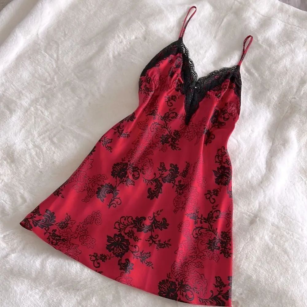 Vintage Y2K black and red lace trim slip mini goth dress S